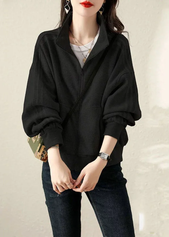 Black Patchwork Cotton Jackets Oversized Zippered Fall