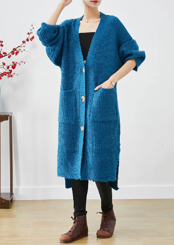 Blue Thick Knit Loose Coat Oversized Pockets Fall