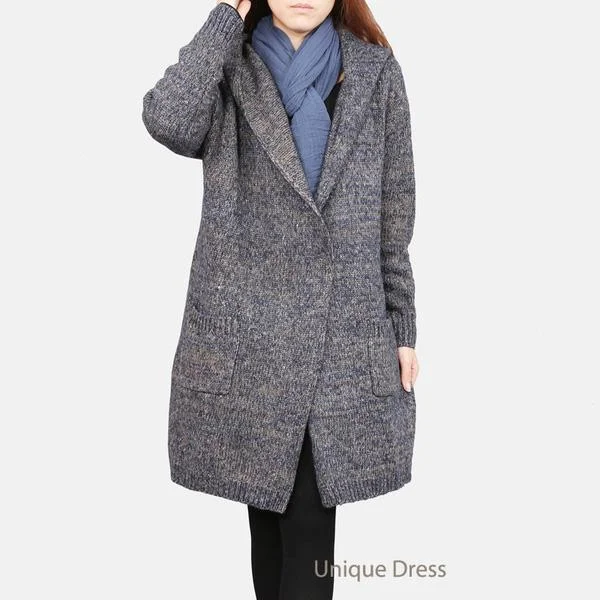 Blue women long cardigan knit coat