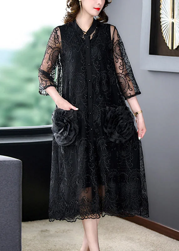 Bohemian Black Embroideried Floral Tulle Long Coats Half Sleeve