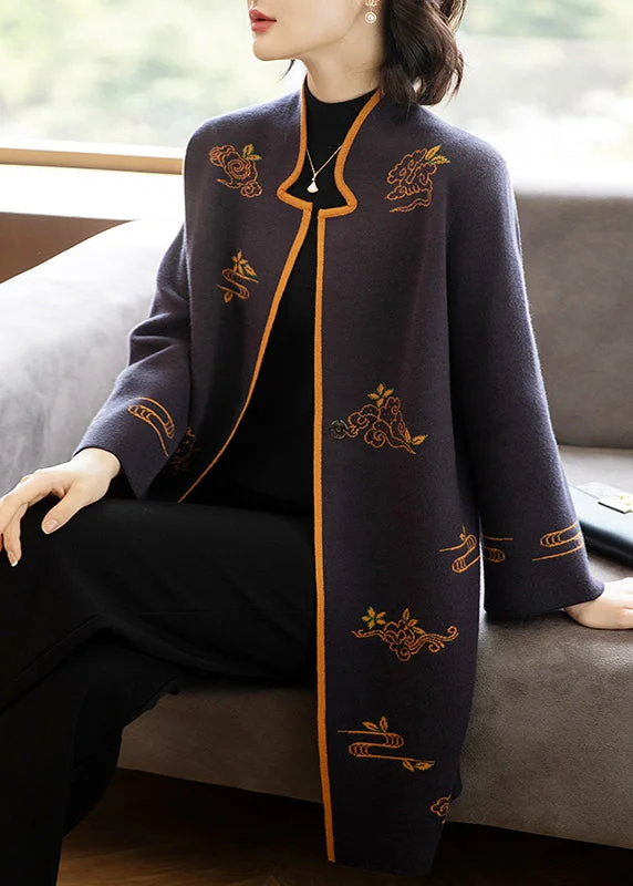 Bohemian Dark Purple Stand Collar Embroideried Patchwork Wool Coats Fall