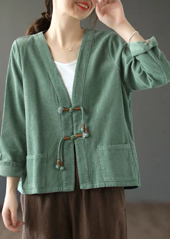 Bohemian Green Tasseled Pockets Patchwork Corduroy Coat Fall