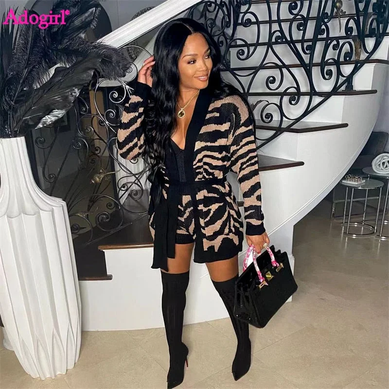 New Women's Zebra Stripe Knitted Sweater Full Sleeve Long Cardigan with Belt And Shorts 2 Piece Set