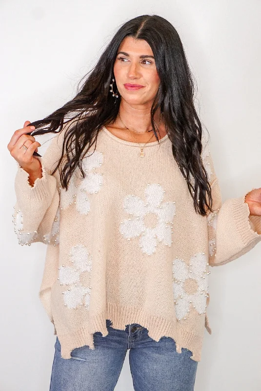 Pearl Embellished Daisy Natural Sweater