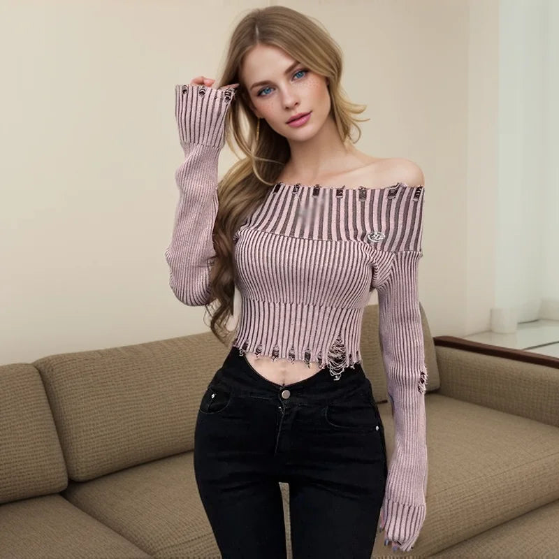 Spring Autumn Off Shoulder Solid Hole Slim Sexy Knitted Sweater