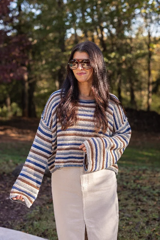 Striped Bliss Navy Crochet Sweater