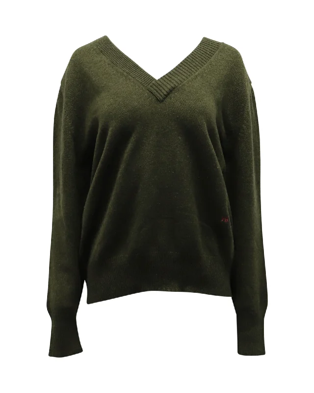 Victoria Beckham V-Neck Sweater in Green Cashmere