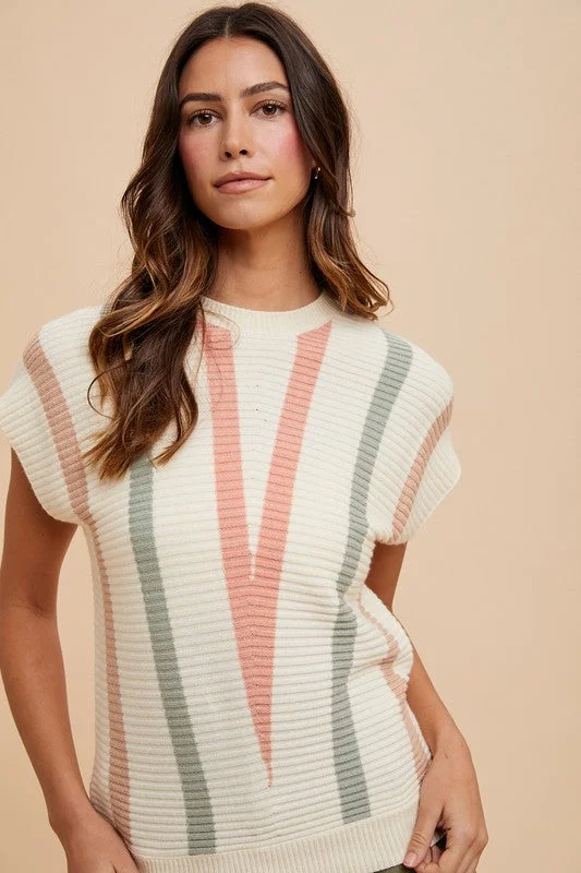 V Striped Ivory Knit Top