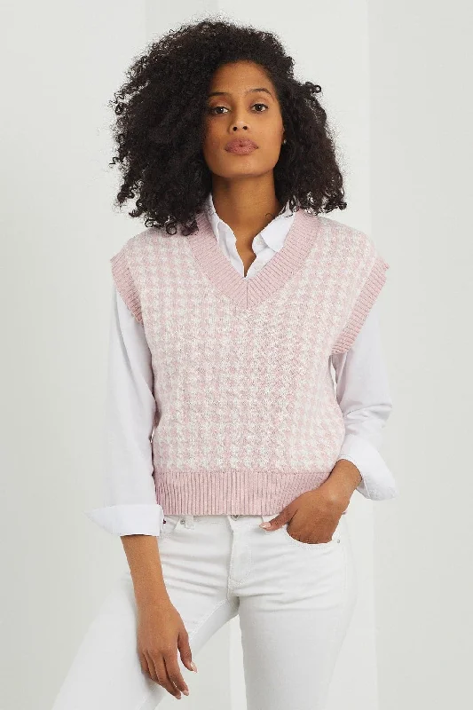 DressBetty - Women's Pink Houndstooth V Neck Short Sweater Women's Dress