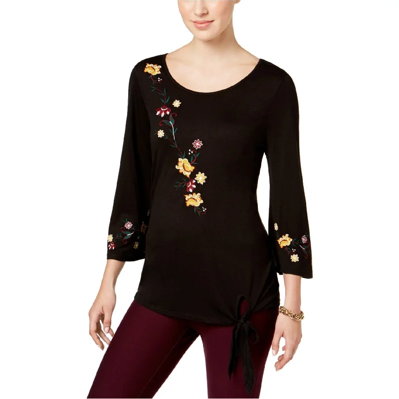 NY Collection Womens Embroidered Floral Embellished T-Shirt, Black, Small