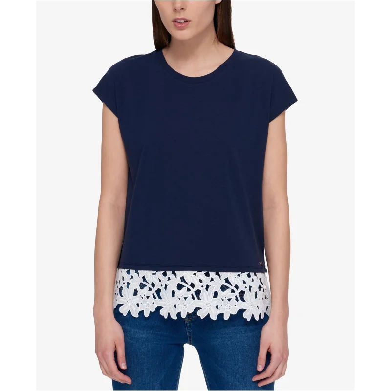 Tommy Hilfiger Womens Lace Contrast Basic T-Shirt, Blue, Medium