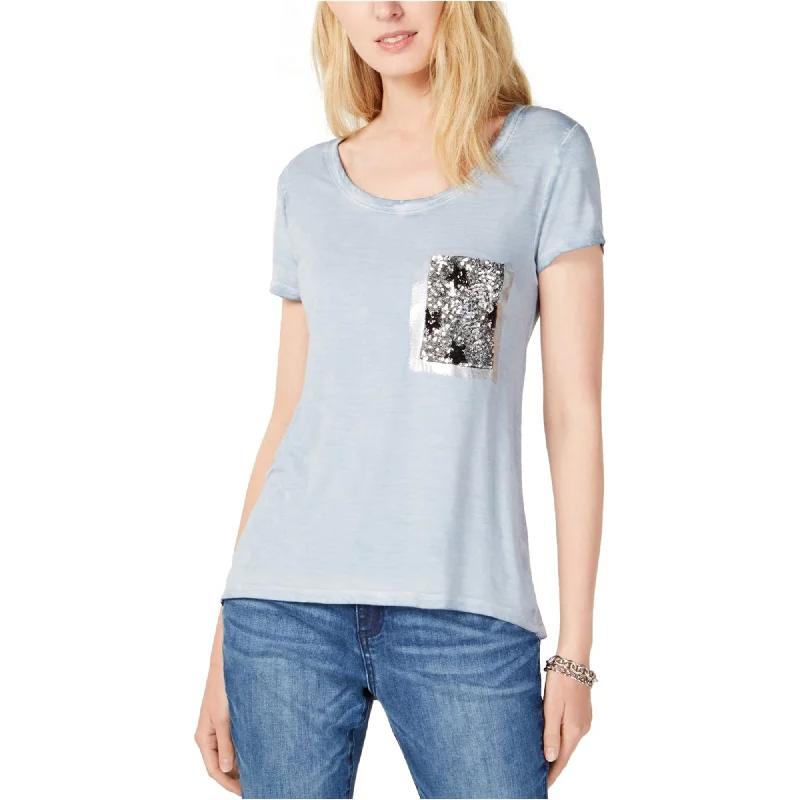 I-N-C Womens Sequin Pocket Embellished T-Shirt, Blue, Small