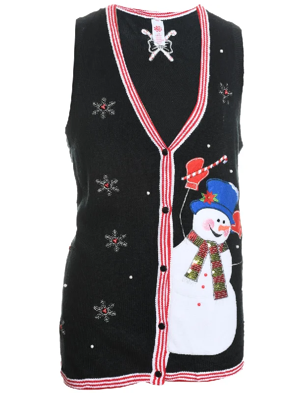 Snowman Design Black Embroidered Christmas Vest - L