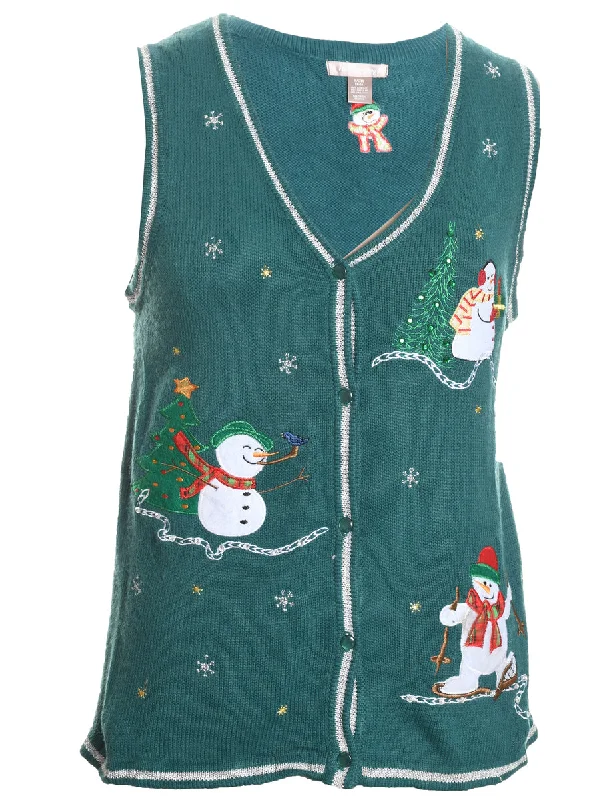 Snowman Design Green Knit Christmas Vest - S