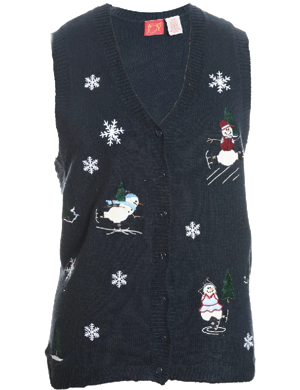 Snowman Design Navy Embroidered Christmas Vest - M