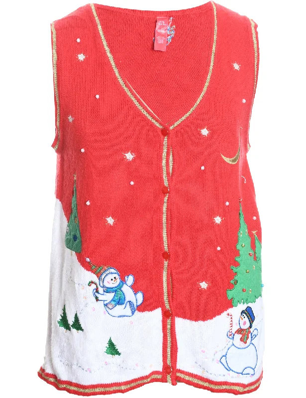 Snowman Design Red Embroidered Christmas Vest - L