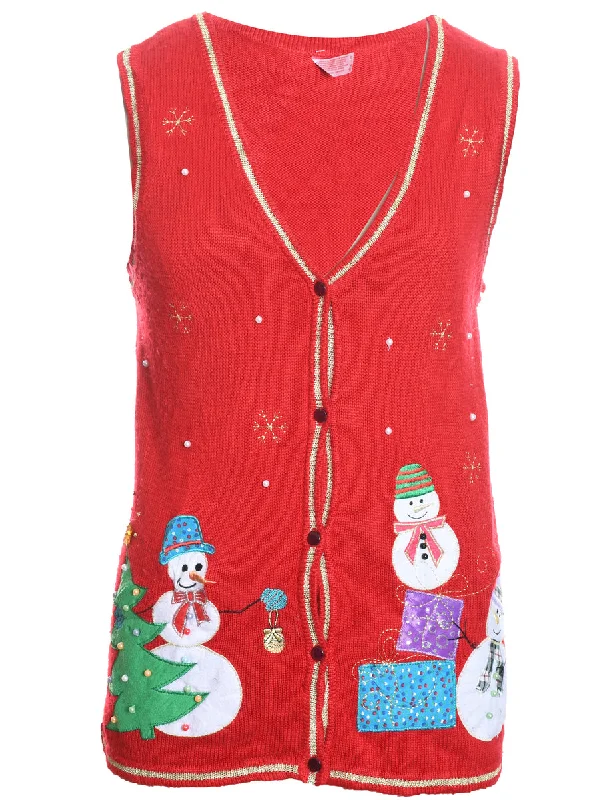 Snowman Design Red Knit Christmas Vest - M