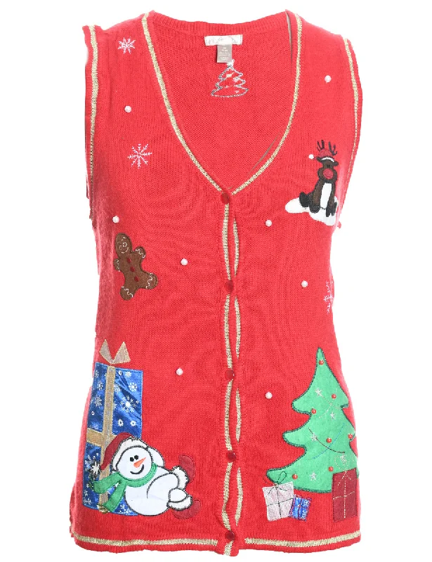 Snowman Knit Design Christmas Sweater Vest - M