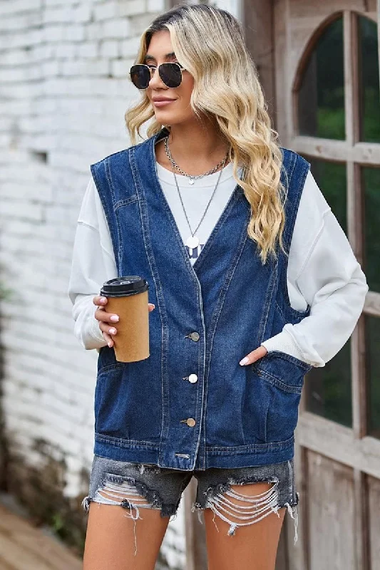 BUTTON CLOSURE LOOSE FIT DENIM VEST