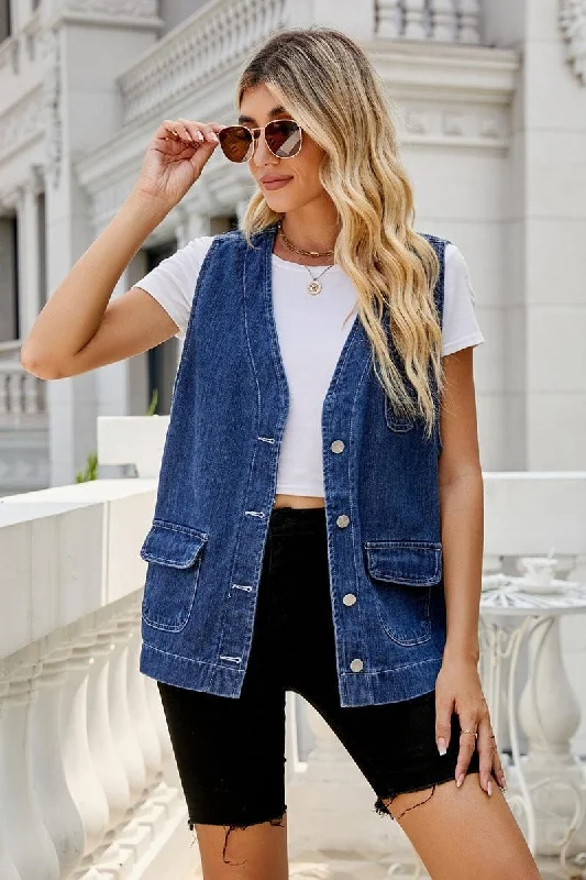 MULTI POCKET BUTTON CLOSURE DENIM VEST