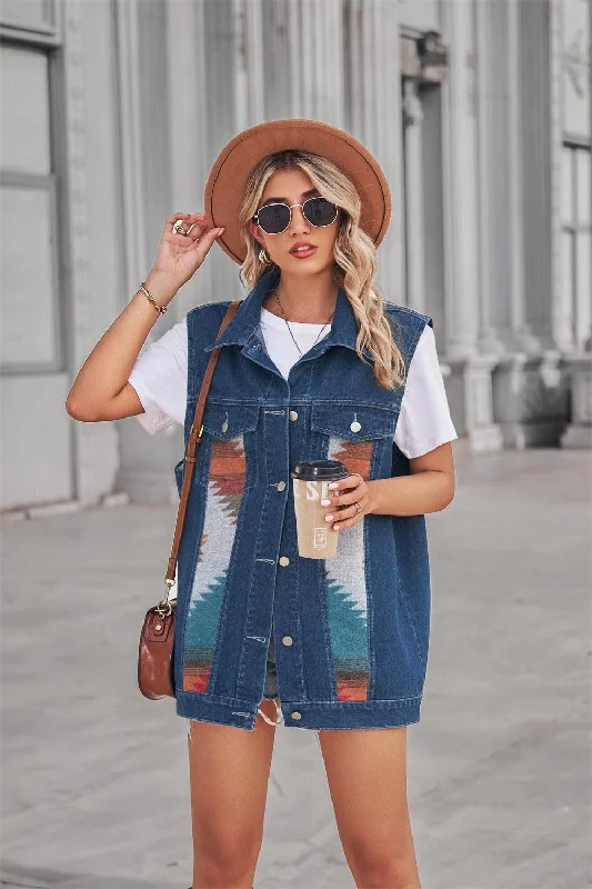 PATTERN BLOCK BUTTON DOWN CASUAL DENIM VEST