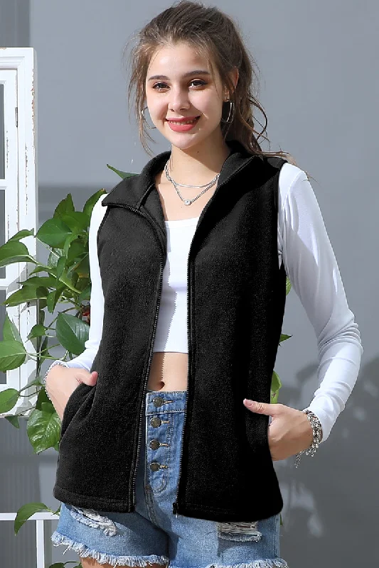 SHORT COLLAR ZIP UP CASUAL FLEECE VEST WITH POCKTS