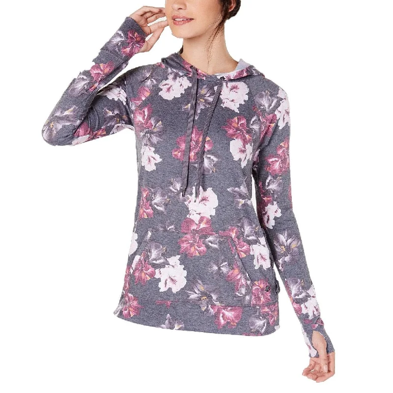 Ideology Women's Floral-Print Lace-Up Hoodie Grey Size Extra Small - X-Small