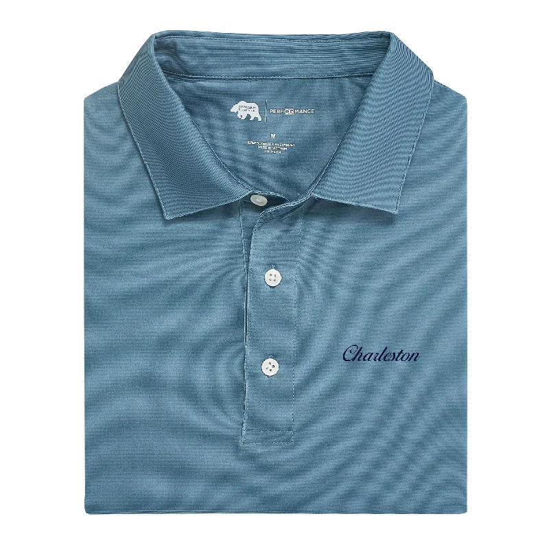 Charleston Town Script Hairline Stripe Performance Polo - Country Blue