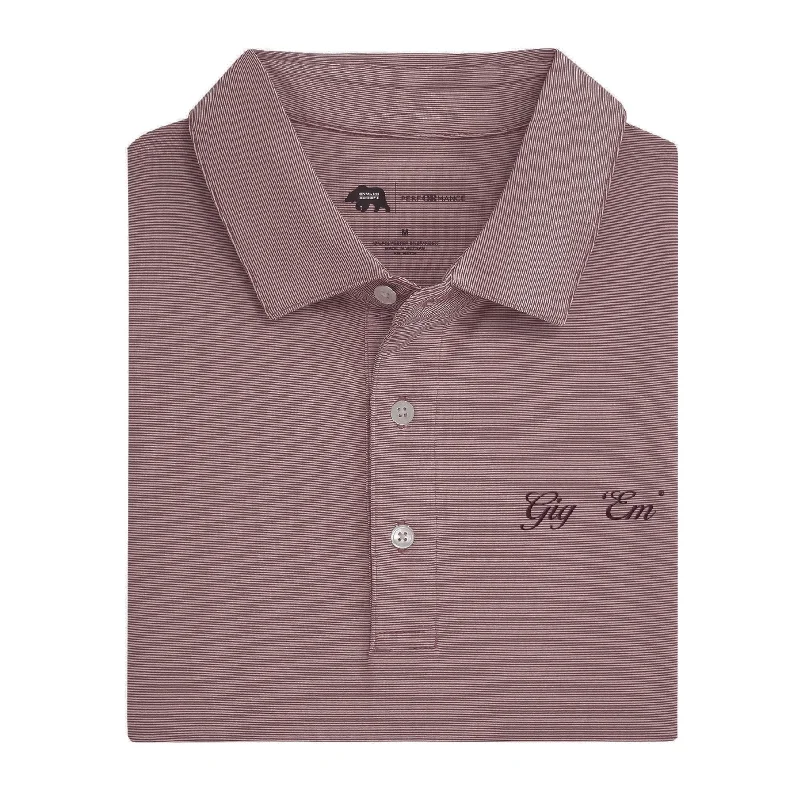 Gig 'Em Vintage Script Hairline Stripe Performance Polo - Maroon