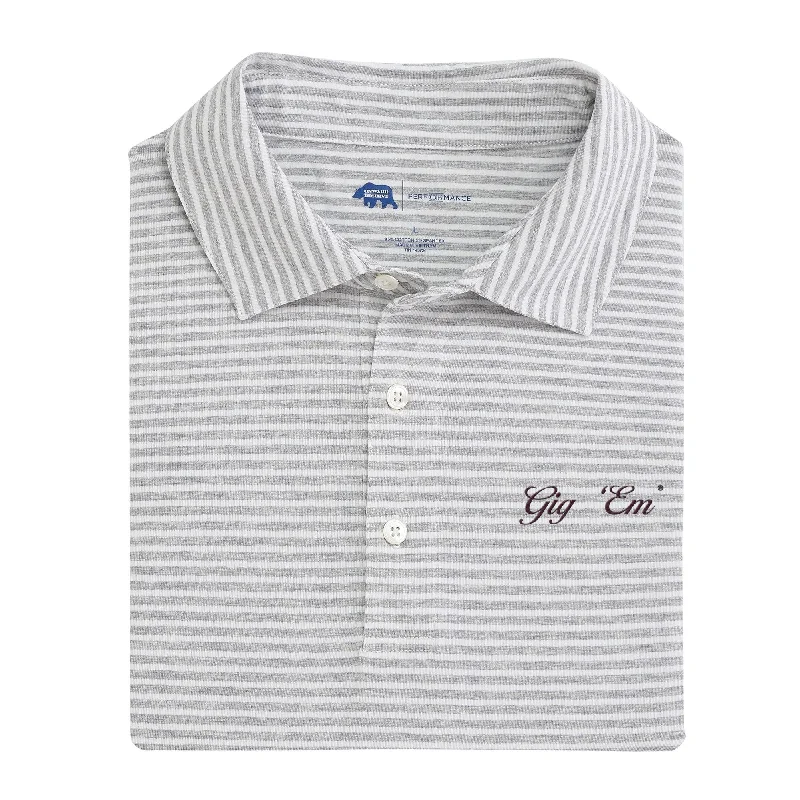 Gig 'Em Vintage Script Row Stripe Icon Polo - Heather Grey