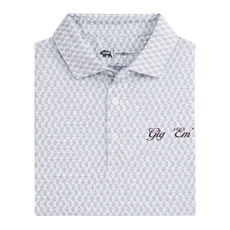 Gig 'Em Vintage Script Tents Printed Performance Polo - White