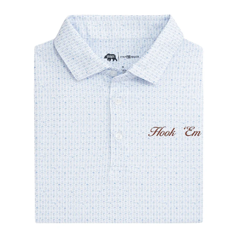 Hook 'Em Vintage Script Tailgate Games Printed Performance Polo - Open Air