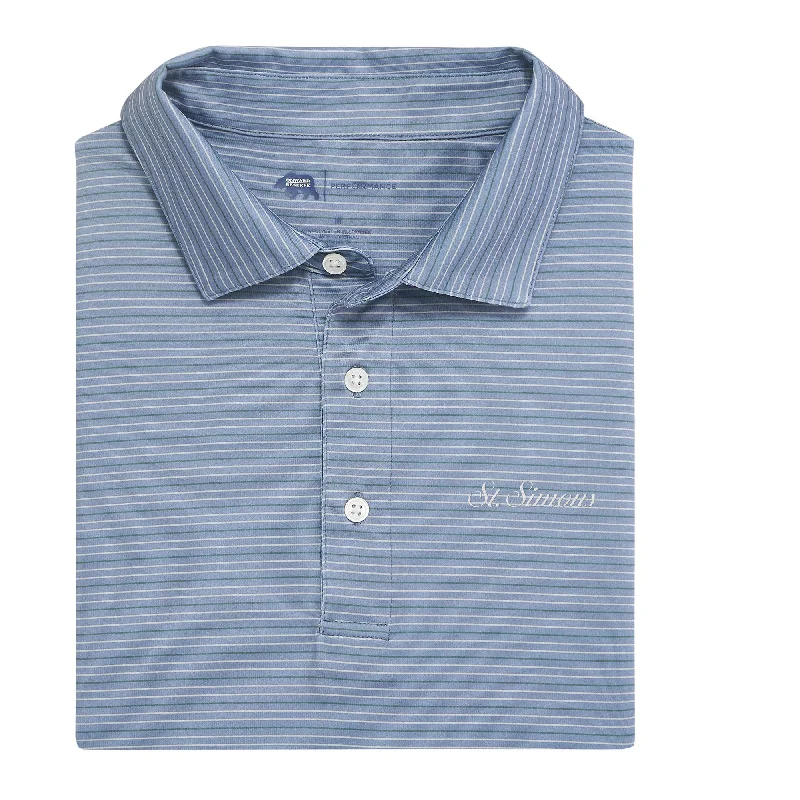 St. Simons Town Script Driver Stripe Performance Polo - Country Blue