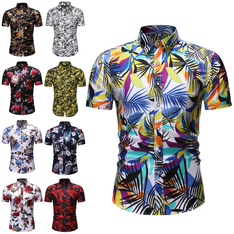 Men Short Sleeve Hawaiian Printed Casual Loose Shirts Beach Holiday Button Tops