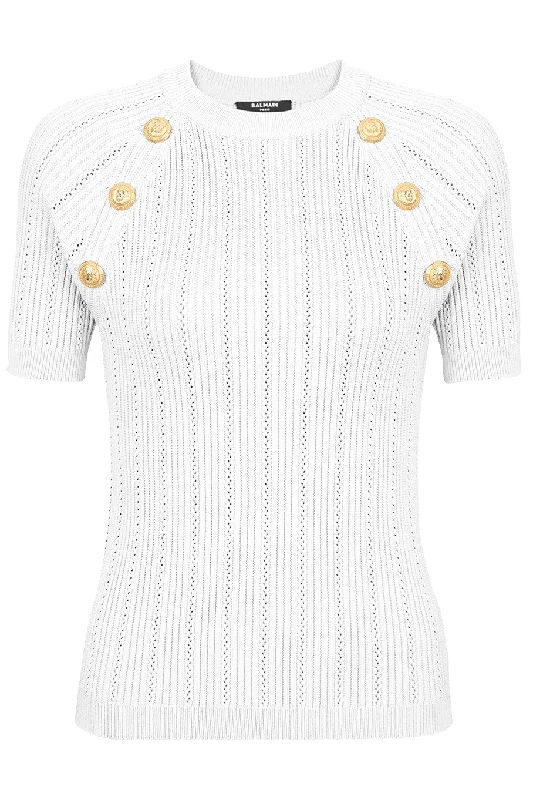 Short Sleeve 6 Button Knit Top - Blanc