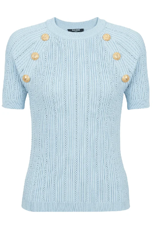 Short Sleeve 6 Button Knit Top - Bleu