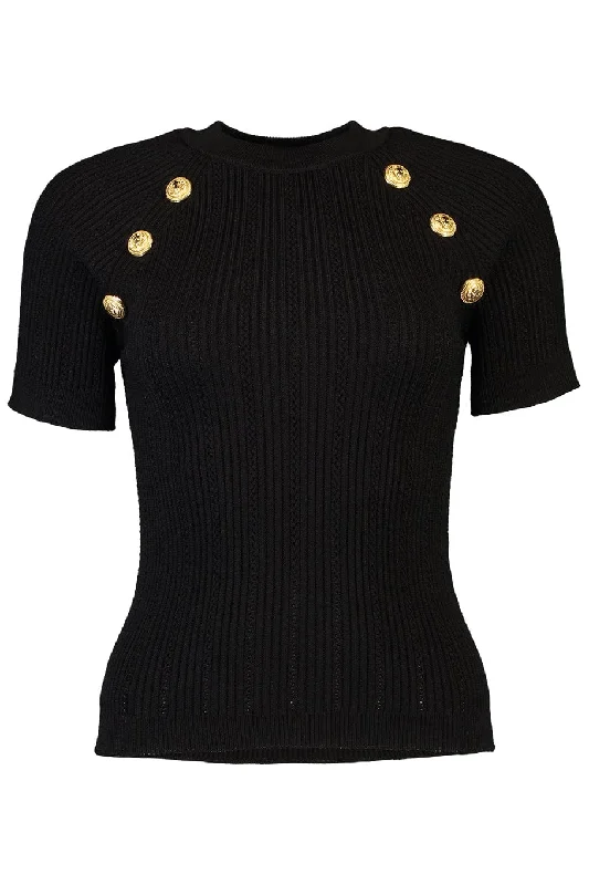 Short Sleeve 6 Button Knit Top - Noir