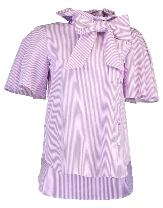 Short Sleeve Bow Neck Stripe Blouse