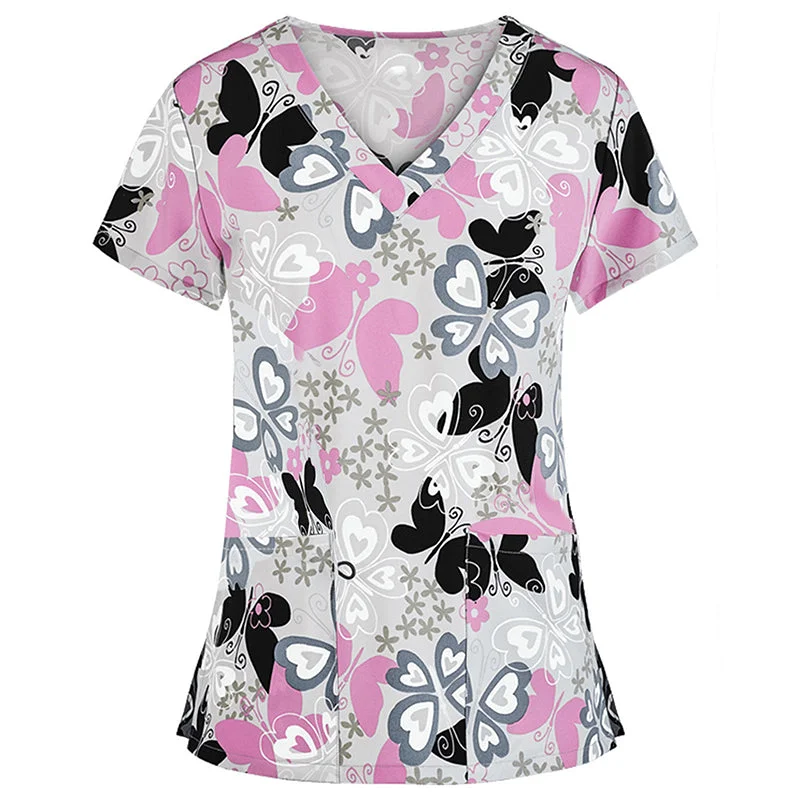 Women Floral Printed Short Sleeve Scrub Tops Loose Casual Pockets Workwear T Shirt