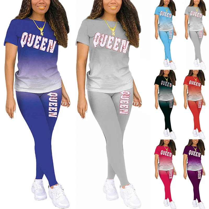 Women Gradient Color Pajamas Set Short Sleeve Tops Leggings Homewear Loungewear