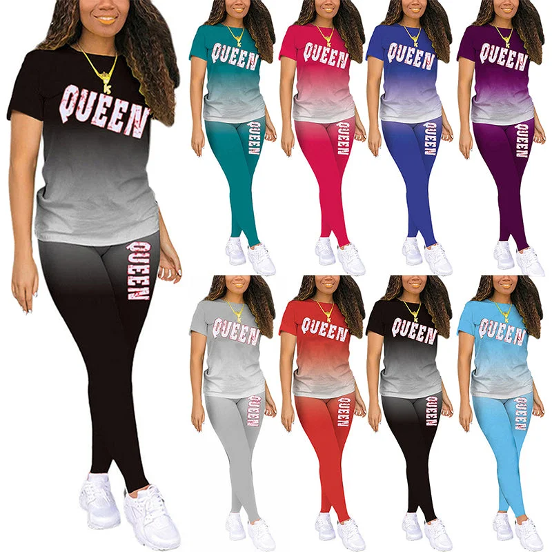 Women Gradient Color Pajamas Set Short Sleeve Tops Leggings Homewear Loungewear