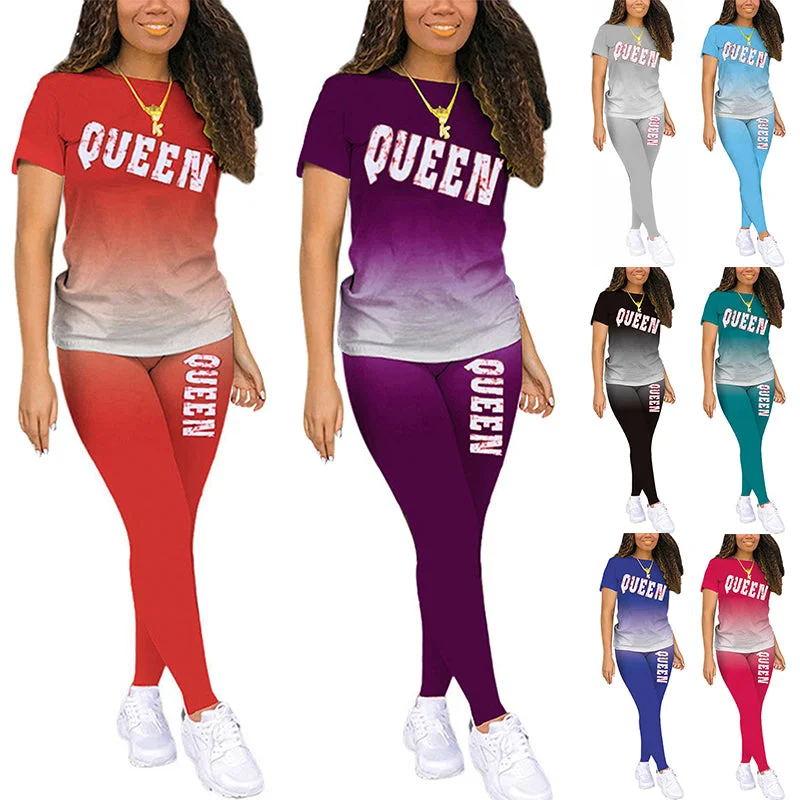 Women Gradient Color Pajamas Set Short Sleeve Tops Leggings Homewear Loungewear