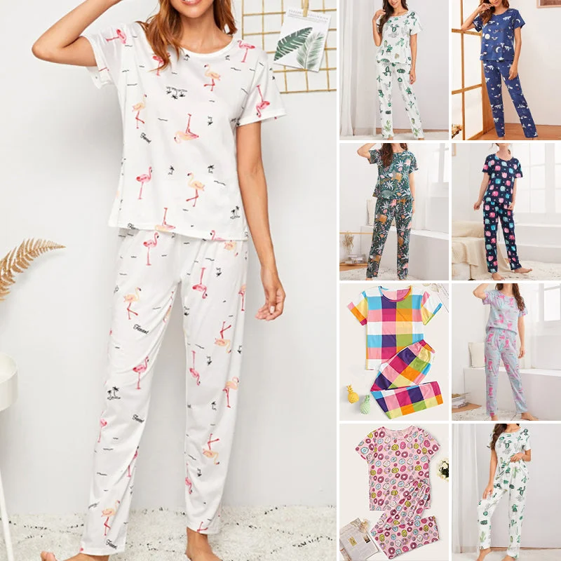 Women Short Sleeve Tops+Pants Round Neck Loungewear Sleepwear Outfit Graphic Print Pajama Set