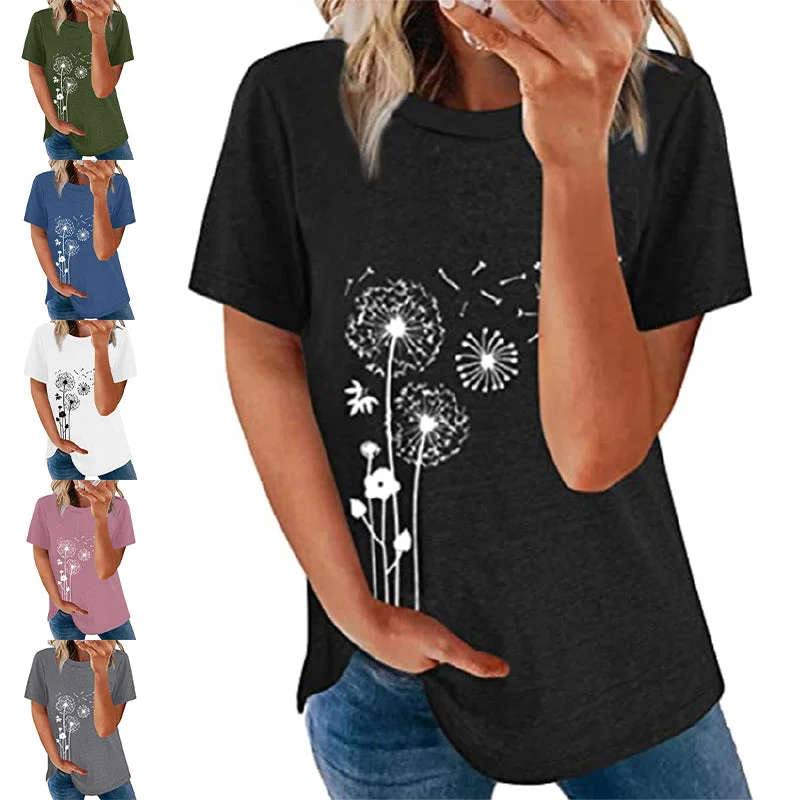 Women Summer Short Sleeve T Shirt Crew Neck Casual Blouse Sunflowers Print Tops