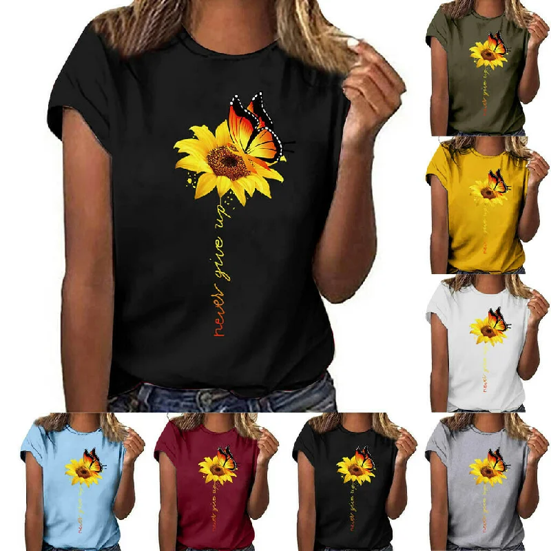 Women Sunflower Tops Ladies Casual Short Sleeve T Shirt Crew Neck Floral Print  Blouse Tee Shirt Top