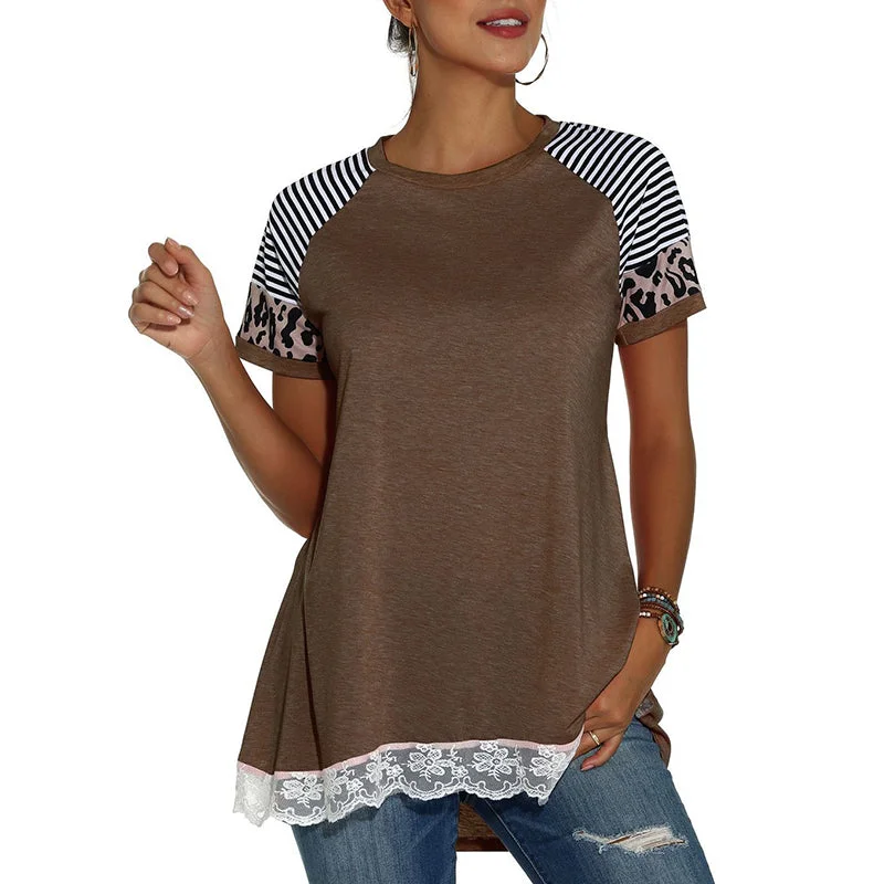 Women's Round Neck Leopard T Shirts Short Sleeve Striped Color Block Casual Tops