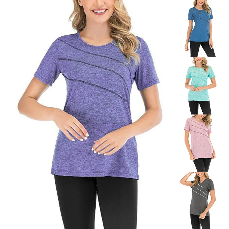 Womens Scoop Neck Fitness Yoga Breathable Short Sleeve Tops Skin-friendly Blouse