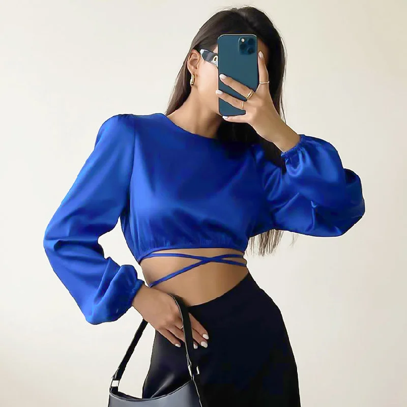 Long Sleeve Cross Solid Color Reversible Design Crop Top Wholesale Women Top