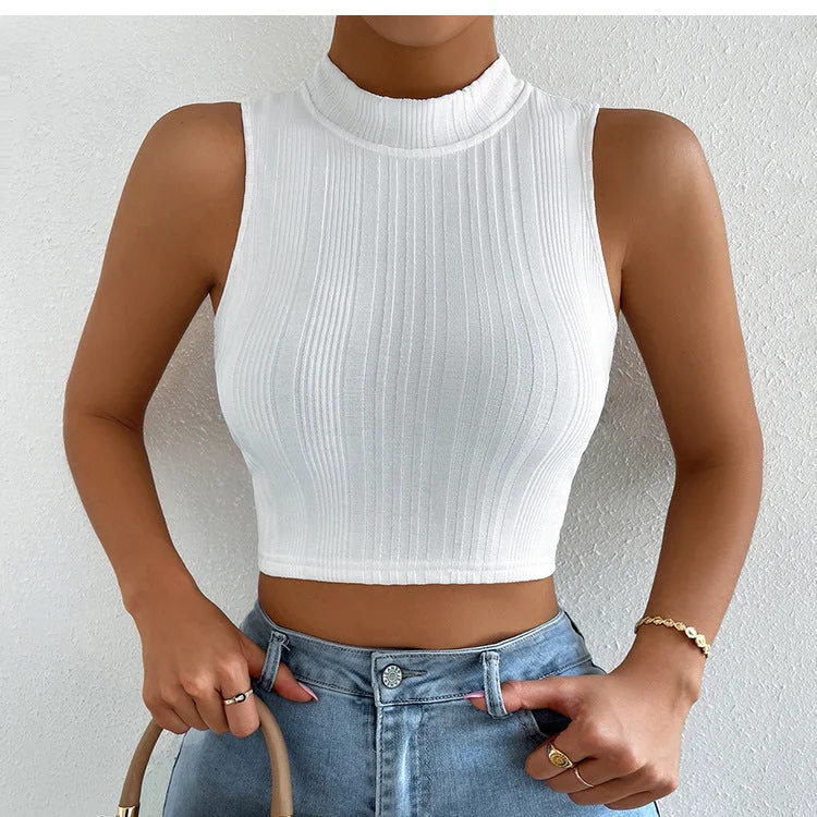 Sexy Backless Sleeveless Tops Round Neck Solid Color Slim Wholesale Crop Tops