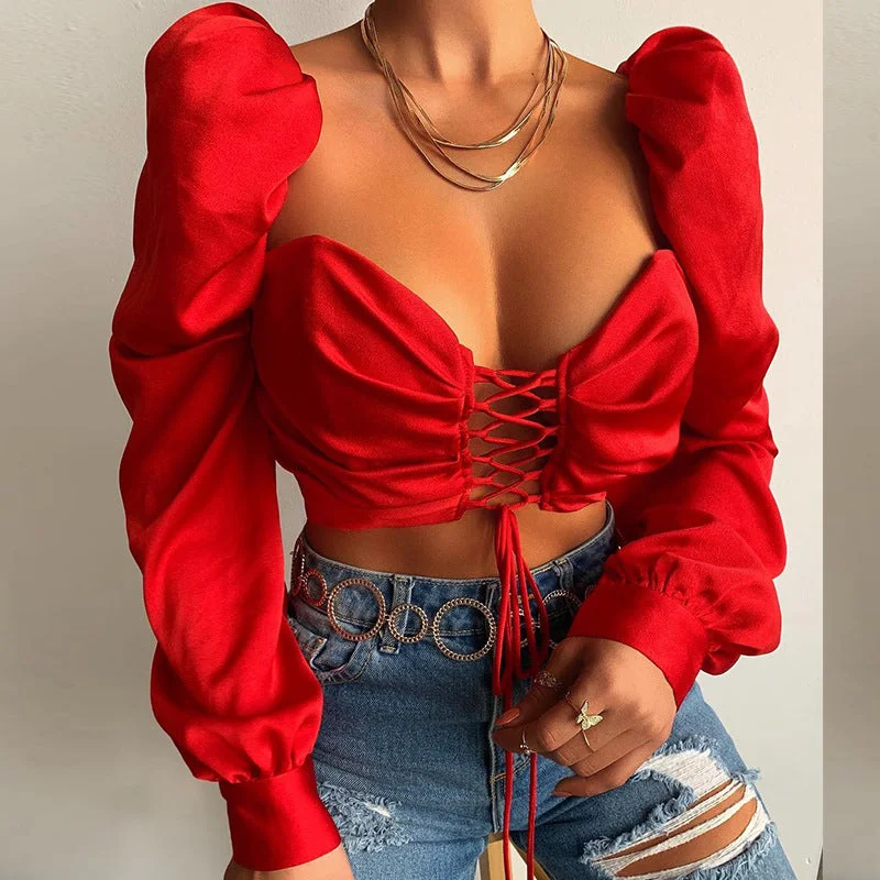 Sexy Lowcut Chest Wrap Lace-Up Tops Solid Color Long Sleeves Wholesale Crop Tops